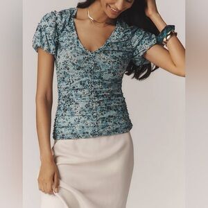 Anthropologie Short-Sleeve Blue Floral Print Shirred Mesh Top Pullover Blouse